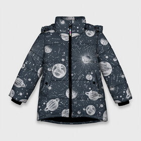 Зимняя куртка для девочек 3D с принтом Звезды, планеты и созвездия в Новосибирске, ткань верха — 100% полиэстер; подклад — 100% полиэстер, утеплитель — 100% полиэстер. | длина ниже бедра, удлиненная спинка, воротник стойка и отстегивающийся капюшон. Есть боковые карманы с листочкой на кнопках, утяжки по низу изделия и внутренний карман на молнии. 

Предусмотрены светоотражающий принт на спинке, радужный светоотражающий элемент на пуллере молнии и на резинке для утяжки. | space | арт | звезды | кометы | космос | метеориты | планеты | созвездия