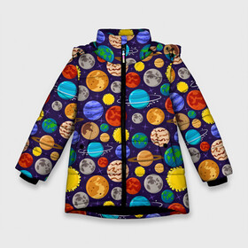 Зимняя куртка для девочек 3D с принтом Мультяшные планеты в Новосибирске, ткань верха — 100% полиэстер; подклад — 100% полиэстер, утеплитель — 100% полиэстер. | длина ниже бедра, удлиненная спинка, воротник стойка и отстегивающийся капюшон. Есть боковые карманы с листочкой на кнопках, утяжки по низу изделия и внутренний карман на молнии. 

Предусмотрены светоотражающий принт на спинке, радужный светоотражающий элемент на пуллере молнии и на резинке для утяжки. | space | арт | звезды | корабли | космос | планеты | ракеты | созвездия