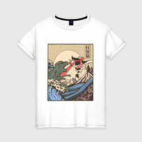 Женская футболка хлопок с принтом Cat Kong versus Godzilla Kaiju в Новосибирске, 100% хлопок | прямой крой, круглый вырез горловины, длина до линии бедер, слегка спущенное плечо | catzilla | japan | kitty | poster parody | samurai | ukiyo e | wave | арт | большая волна | гигантский котёнок | гигантский монстр | годзилла против кинг конга | кайдзю | кот | котзилла | котик | котята | пародия на постер