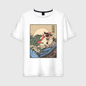 Женская футболка хлопок Oversize с принтом Cat Kong versus Godzilla Kaiju в Новосибирске, 100% хлопок | свободный крой, круглый ворот, спущенный рукав, длина до линии бедер
 | Тематика изображения на принте: catzilla | japan | kitty | poster parody | samurai | ukiyo e | wave | арт | большая волна | гигантский котёнок | гигантский монстр | годзилла против кинг конга | кайдзю | кот | котзилла | котик | котята | пародия на постер