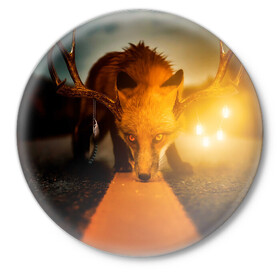 Значок с принтом Лиса с рогами оленя в Новосибирске,  металл | круглая форма, металлическая застежка в виде булавки | fox | foxy | животное | звери | лиса | лисенок | лисичка | милая | рыжая | фокс