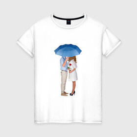 Женская футболка хлопок с принтом Любовь в Новосибирске, 100% хлопок | прямой крой, круглый вырез горловины, длина до линии бедер, слегка спущенное плечо | женщина | зонтик | любовь | мужчина | пара