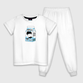 Детская пижама хлопок с принтом MOB LOVES MILK | МОБ ПСИХО 100 в Новосибирске, 100% хлопок |  брюки и футболка прямого кроя, без карманов, на брюках мягкая резинка на поясе и по низу штанин
 | Тематика изображения на принте: 100 | anime | milk | milk package | mob | mob loves milk | mob psycho 100 | psycho | аниме | аниме герои | герои | еспер | кагеяма | кежуал | корова | коровка | манга | моб | моб психо 100 | молоко | пакет молока | психо | сигео | шигео | шигео