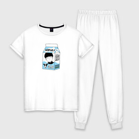 Женская пижама хлопок с принтом MOB LOVES MILK МОБ ПСИХО 100 в Новосибирске, 100% хлопок | брюки и футболка прямого кроя, без карманов, на брюках мягкая резинка на поясе и по низу штанин | Тематика изображения на принте: 100 | anime | milk | milk package | mob | mob loves milk | mob psycho 100 | psycho | аниме | аниме герои | герои | еспер | кагеяма | кежуал | корова | коровка | манга | моб | моб психо 100 | молоко | пакет молока | психо | сигео | шигео | шигео