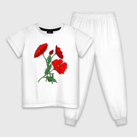 Детская пижама хлопок с принтом Букет маковых цветов в Новосибирске, 100% хлопок |  брюки и футболка прямого кроя, без карманов, на брюках мягкая резинка на поясе и по низу штанин
 | Тематика изображения на принте: flowers | nature | poppies | алые | арт | букет | бутоны | весна | ветки | зелень | красные маки | красные цветы | лепестки | лето | листья | любовь | маки | подарок | полевые цветы | природа | растения | рисунок | сад