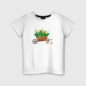 Детская футболка хлопок с принтом Тележка с цветами в Новосибирске, 100% хлопок | круглый вырез горловины, полуприлегающий силуэт, длина до линии бедер | ведро | растения | рисунок | садоводство | тележка с цветами | цветы