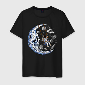 Мужская футболка хлопок с принтом На луне в Новосибирске, 100% хлопок | прямой крой, круглый вырез горловины, длина до линии бедер, слегка спущенное плечо. | moon | арт | день космонавтики | звезды | космонавт | космос | лого | луна | небо | планеты
