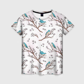 Женская футболка 3D с принтом Птички весной на ветках Сакуры в Новосибирске, 100% полиэфир ( синтетическое хлопкоподобное полотно) | прямой крой, круглый вырез горловины, длина до линии бедер | bird | birds | branch | cherry blossom | japan | japanese | pattern | plum | sakura | spring | tree | весна | ветки | вишня | дерево | дрозды | на ветках | паттерн | птица | синий дрозд | слива | узор | ханами | цветение сакуры | япония