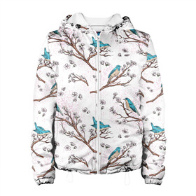 Женская куртка 3D с принтом Птички весной на ветках Сакуры в Новосибирске, ткань верха — 100% полиэстер, подклад — флис | прямой крой, подол и капюшон оформлены резинкой с фиксаторами, два кармана без застежек по бокам, один большой потайной карман на груди. Карман на груди застегивается на липучку | bird | birds | branch | cherry blossom | japan | japanese | pattern | plum | sakura | spring | tree | весна | ветки | вишня | дерево | дрозды | на ветках | паттерн | птица | синий дрозд | слива | узор | ханами | цветение сакуры | япония