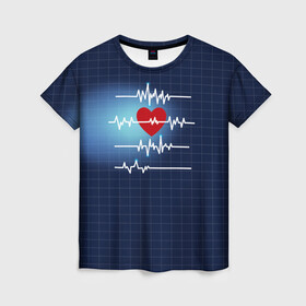 Женская футболка 3D с принтом Ритм Сердца в Новосибирске, 100% полиэфир ( синтетическое хлопкоподобное полотно) | прямой крой, круглый вырез горловины, длина до линии бедер | heart | love | врачу | доктору | кардиолог | медбрат | медику | медицина | медсестра | подарок | пульс | сердце | скорая помощь