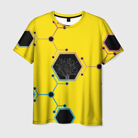 Мужская футболка 3D с принтом Cyborg Q в Новосибирске, 100% полиэфир | прямой крой, круглый вырез горловины, длина до линии бедер | chip | geometry | дерево | киборг | нейросеть | схема