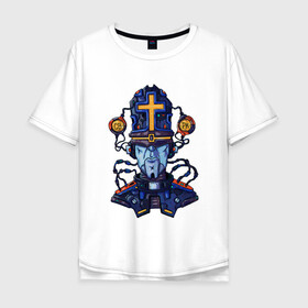 Мужская футболка хлопок Oversize с принтом Пастыри андроид в Новосибирске, 100% хлопок | свободный крой, круглый ворот, “спинка” длиннее передней части | андроид | крест | меха | пастырь | робо | священник | стимпанк