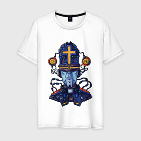 Мужская футболка хлопок с принтом Пастыри андроид в Новосибирске, 100% хлопок | прямой крой, круглый вырез горловины, длина до линии бедер, слегка спущенное плечо. | андроид | крест | меха | пастырь | робо | священник | стимпанк