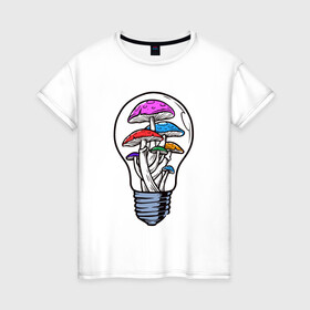 Женская футболка хлопок с принтом Грибы в лампочке в Новосибирске, 100% хлопок | прямой крой, круглый вырез горловины, длина до линии бедер, слегка спущенное плечо | грибы | лампочка | мухоморы | патрон | поганки
