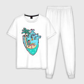 Мужская пижама хлопок с принтом Лето в сердце в Новосибирске, 100% хлопок | брюки и футболка прямого кроя, без карманов, на брюках мягкая резинка на поясе и по низу штанин
 | лето | отдых | пальма | пляж | сердце | серфинг | солнце