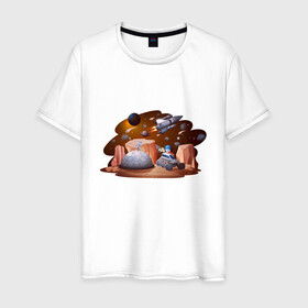 Мужская футболка хлопок с принтом Поселение в Новосибирске, 100% хлопок | прямой крой, круглый вырез горловины, длина до линии бедер, слегка спущенное плечо. | moon | арт | день космонавтики | звезды | космонавт | космос | лого | луна | небо | планеты