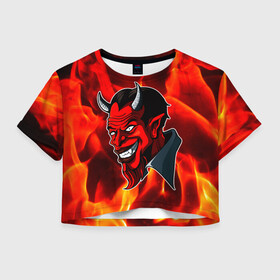 Женская футболка Crop-top 3D с принтом The devil is on fire в Новосибирске, 100% полиэстер | круглая горловина, длина футболки до линии талии, рукава с отворотами | 666 | fire | lucifer | демон | дьявол | люцифер | монстр | огонь | пламя | сатана | текстура