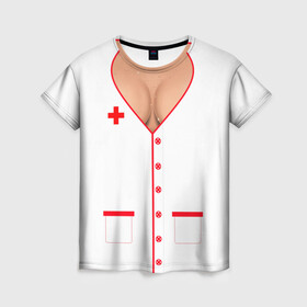 Женская футболка 3D с принтом Халат медсестры в Новосибирске, 100% полиэфир ( синтетическое хлопкоподобное полотно) | прямой крой, круглый вырез горловины, длина до линии бедер | аниме | врач | грудь | доктор | красный | крест | медик | медицинский | медсестрички | японская
