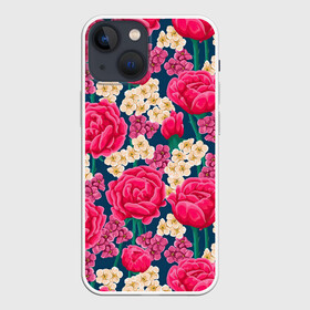 Чехол для iPhone 13 mini с принтом Поле роз в Новосибирске,  |  | арт | белые цветы | белый цветок | красный цветок | поле | поле цветов | рисунок | роза | розы | цветок | цветы