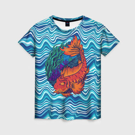 Женская футболка 3D с принтом Fishing planet Огненная рыба в Новосибирске, 100% полиэфир ( синтетическое хлопкоподобное полотно) | прямой крой, круглый вырез горловины, длина до линии бедер | fishing planet | волны | море | огненная рыба | река | рыба | рыбак | рыбалка | рыбка