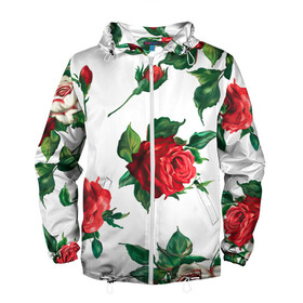 Мужская ветровка 3D с принтом Розы в Новосибирске, 100% полиэстер | подол и капюшон оформлены резинкой с фиксаторами, два кармана без застежек по бокам, один потайной карман на груди | арт | белая роза | белые розы | белые цветы | белый цветок | большие цветы | большой цветок | красная роза | красные розы | красные цветы | красный цветок | поле | поле цветов | рисунок | роза | розы