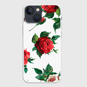 Чехол для iPhone 13 mini с принтом Розы в Новосибирске,  |  | арт | белая роза | белые розы | белые цветы | белый цветок | большие цветы | большой цветок | красная роза | красные розы | красные цветы | красный цветок | поле | поле цветов | рисунок | роза | розы
