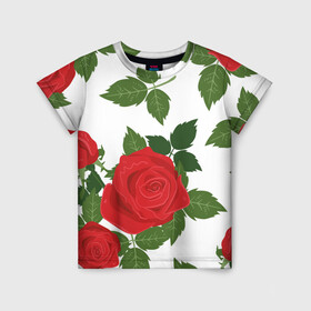 Детская футболка 3D с принтом Большие розы в Новосибирске, 100% гипоаллергенный полиэфир | прямой крой, круглый вырез горловины, длина до линии бедер, чуть спущенное плечо, ткань немного тянется | арт | белый | большие бутоны | большие розы | большой бутон | зелёный | красная роза | красные розы | красные цветы | красный | красный цветок | листок | листья | поле | поле цветов | рисунок | роза