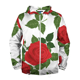 Мужская ветровка 3D с принтом Большие розы в Новосибирске, 100% полиэстер | подол и капюшон оформлены резинкой с фиксаторами, два кармана без застежек по бокам, один потайной карман на груди | Тематика изображения на принте: арт | белый | большие бутоны | большие розы | большой бутон | зелёный | красная роза | красные розы | красные цветы | красный | красный цветок | листок | листья | поле | поле цветов | рисунок | роза