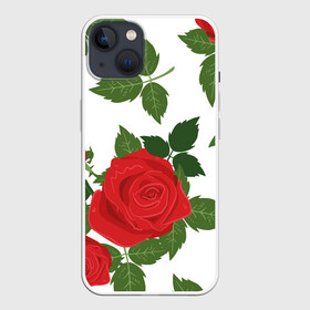 Чехол для iPhone 13 с принтом Большие розы в Новосибирске,  |  | арт | белый | большие бутоны | большие розы | большой бутон | зелёный | красная роза | красные розы | красные цветы | красный | красный цветок | листок | листья | поле | поле цветов | рисунок | роза