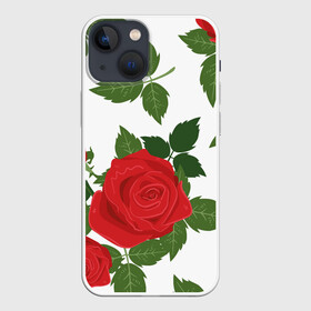 Чехол для iPhone 13 mini с принтом Большие розы в Новосибирске,  |  | арт | белый | большие бутоны | большие розы | большой бутон | зелёный | красная роза | красные розы | красные цветы | красный | красный цветок | листок | листья | поле | поле цветов | рисунок | роза