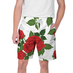 Мужские шорты 3D с принтом Большие розы в Новосибирске,  полиэстер 100% | прямой крой, два кармана без застежек по бокам. Мягкая трикотажная резинка на поясе, внутри которой широкие завязки. Длина чуть выше колен | арт | белый | большие бутоны | большие розы | большой бутон | зелёный | красная роза | красные розы | красные цветы | красный | красный цветок | листок | листья | поле | поле цветов | рисунок | роза