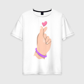 Женская футболка хлопок Oversize с принтом Саранхэ в Новосибирске, 100% хлопок | свободный крой, круглый ворот, спущенный рукав, длина до линии бедер
 | k pop | любовь | рука парня | саранхэ | сердце