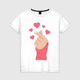 Женская футболка хлопок с принтом Саранхэ в Новосибирске, 100% хлопок | прямой крой, круглый вырез горловины, длина до линии бедер, слегка спущенное плечо | k pop | любовь | рука парня | саранхэ | сердце