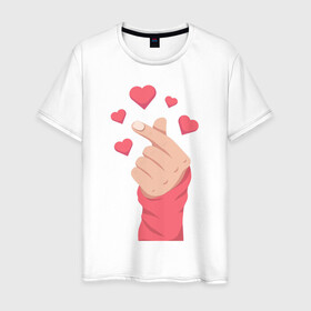 Мужская футболка хлопок с принтом Саранхэ в Новосибирске, 100% хлопок | прямой крой, круглый вырез горловины, длина до линии бедер, слегка спущенное плечо. | k pop | любовь | рука парня | саранхэ | сердце