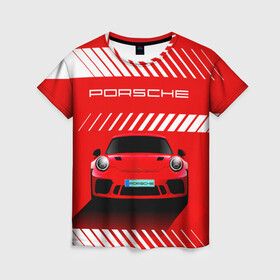 Женская футболка 3D с принтом PORSCHE / ПОРШЕ / RED STYLE в Новосибирске, 100% полиэфир ( синтетическое хлопкоподобное полотно) | прямой крой, круглый вырез горловины, длина до линии бедер | 911 | auto | carrera | cayenne | macan | porsche | sportcar | taycan | автомобиль | градиент. | каен | карера | красный | макан | полосы | порш | порше | спорт | спорткар | тайкан