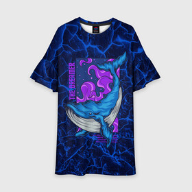 Детское платье 3D с принтом Кит мечтатель The dreamer в Новосибирске, 100% полиэстер | прямой силуэт, чуть расширенный к низу. Круглая горловина, на рукавах — воланы | Тематика изображения на принте: the dreamer | вода | волны | кит | мечта | мечтатель | море | океан | подводный мир | рыба
