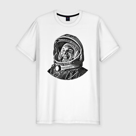 Мужская футболка хлопок Slim с принтом Поехали Ю.Г. в Новосибирске, 92% хлопок, 8% лайкра | приталенный силуэт, круглый вырез ворота, длина до линии бедра, короткий рукав | moon | арт | гагарин | день космонавтики | звезды | космонавт | космос | лого | луна | небо | планеты