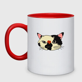Кружка двухцветная с принтом Милая мордочка сердитого кота в Новосибирске, керамика | объем — 330 мл, диаметр — 80 мм. Цветная ручка и кайма сверху, в некоторых цветах — вся внутренняя часть | art | cat | cat face | cats | cute | grumpy | home | kawaii | kitten | kitty | pussycat | арт | кавайи | котейка | котёнок | котик | котяра | кошечка | кошка | лицо | милота | моська | рисунок | смешные животные | сны | сон | устав