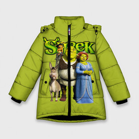 Зимняя куртка для девочек 3D с принтом Шрек/Shrek в Новосибирске, ткань верха — 100% полиэстер; подклад — 100% полиэстер, утеплитель — 100% полиэстер. | длина ниже бедра, удлиненная спинка, воротник стойка и отстегивающийся капюшон. Есть боковые карманы с листочкой на кнопках, утяжки по низу изделия и внутренний карман на молнии. 

Предусмотрены светоотражающий принт на спинке, радужный светоотражающий элемент на пуллере молнии и на резинке для утяжки. | cartoon | fiona | shrek | болото | детям | комедия | кот в сапогах | мультик | огр | осел | персонажи мультфильмов | тролль | фиона | шрек