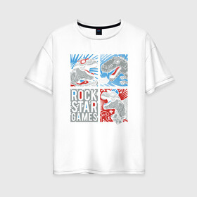 Женская футболка хлопок Oversize с принтом Rock Star Dino Динозавр геймер в Новосибирске, 100% хлопок | свободный крой, круглый ворот, спущенный рукав, длина до линии бедер
 | dino | games | roar | rock | rock star | t rex | дино | динозавр | динозавры | рок | рокер