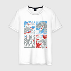Мужская футболка хлопок с принтом Rock Star Dino Динозавр геймер в Новосибирске, 100% хлопок | прямой крой, круглый вырез горловины, длина до линии бедер, слегка спущенное плечо. | dino | games | roar | rock | rock star | t rex | дино | динозавр | динозавры | рок | рокер