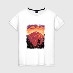 Женская футболка хлопок с принтом Рассвет в горах в Новосибирске, 100% хлопок | прямой крой, круглый вырез горловины, длина до линии бедер, слегка спущенное плечо | горы | деревья | рассвет | туризм | турист