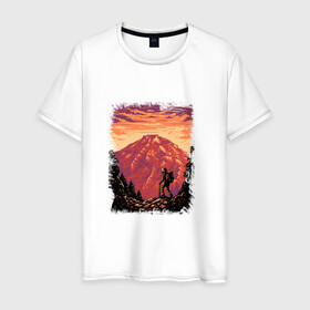 Мужская футболка хлопок с принтом Рассвет в горах в Новосибирске, 100% хлопок | прямой крой, круглый вырез горловины, длина до линии бедер, слегка спущенное плечо. | горы | деревья | рассвет | туризм | турист