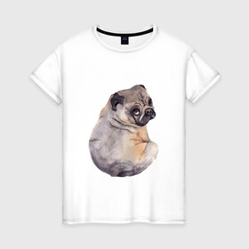 Женская футболка хлопок с принтом Мопс в Новосибирске, 100% хлопок | прямой крой, круглый вырез горловины, длина до линии бедер, слегка спущенное плечо | животные | мопс | питомцы | собака | собаки