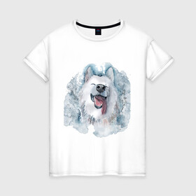 Женская футболка хлопок с принтом Самоед в Новосибирске, 100% хлопок | прямой крой, круглый вырез горловины, длина до линии бедер, слегка спущенное плечо | Тематика изображения на принте: животные | лайка | питомцы | самоед | самоедская лайка | собака | собаки
