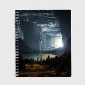 Тетрадь с принтом Фантастический пейзаж в Новосибирске, 100% бумага | 48 листов, плотность листов — 60 г/м2, плотность картонной обложки — 250 г/м2. Листы скреплены сбоку удобной пружинной спиралью. Уголки страниц и обложки скругленные. Цвет линий — светло-серый
 | Тематика изображения на принте: елки | ледник | лес | озеро | пейзаж | природа | свет | скала