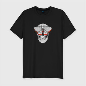 Мужская футболка хлопок Slim с принтом Череп Бабочка в Новосибирске, 92% хлопок, 8% лайкра | приталенный силуэт, круглый вырез ворота, длина до линии бедра, короткий рукав | butterfly | skull | бабочка | мотылёк | череп