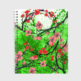 Тетрадь с принтом Сакура | Sakura (Z) в Новосибирске, 100% бумага | 48 листов, плотность листов — 60 г/м2, плотность картонной обложки — 250 г/м2. Листы скреплены сбоку удобной пружинной спиралью. Уголки страниц и обложки скругленные. Цвет линий — светло-серый
 | Тематика изображения на принте: chery | flowers | japan | roses | sakura | вишнёвый цвет | вишня | растения | розы | ромашка | сакура | тюльпаны | хана | ханами | цветы | цветы сакуры | япония