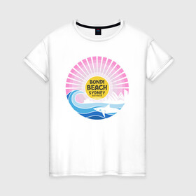 Женская футболка хлопок с принтом Bondi Beach Sydney в Новосибирске, 100% хлопок | прямой крой, круглый вырез горловины, длина до линии бедер, слегка спущенное плечо | bondi | sydney | акула | восход | закат | море | отдых | пляж | рассвет | сидней | турист