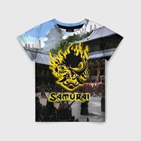 Детская футболка 3D с принтом SAMURAI & CYBERPUNK 2077 в Новосибирске, 100% гипоаллергенный полиэфир | прямой крой, круглый вырез горловины, длина до линии бедер, чуть спущенное плечо, ткань немного тянется | 2077 | cd projekt red | cyberpunk | cyberpunk 2077 | game | samurai | арт | будущее | видеоигра | игра | киберпанк | киберпанк 2077 | киборг | киборги